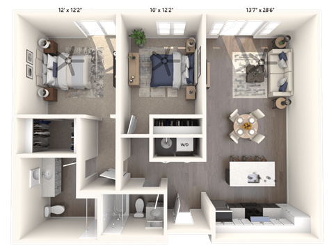 Floor plan for 2 beds, 2 baths, 979 sqft